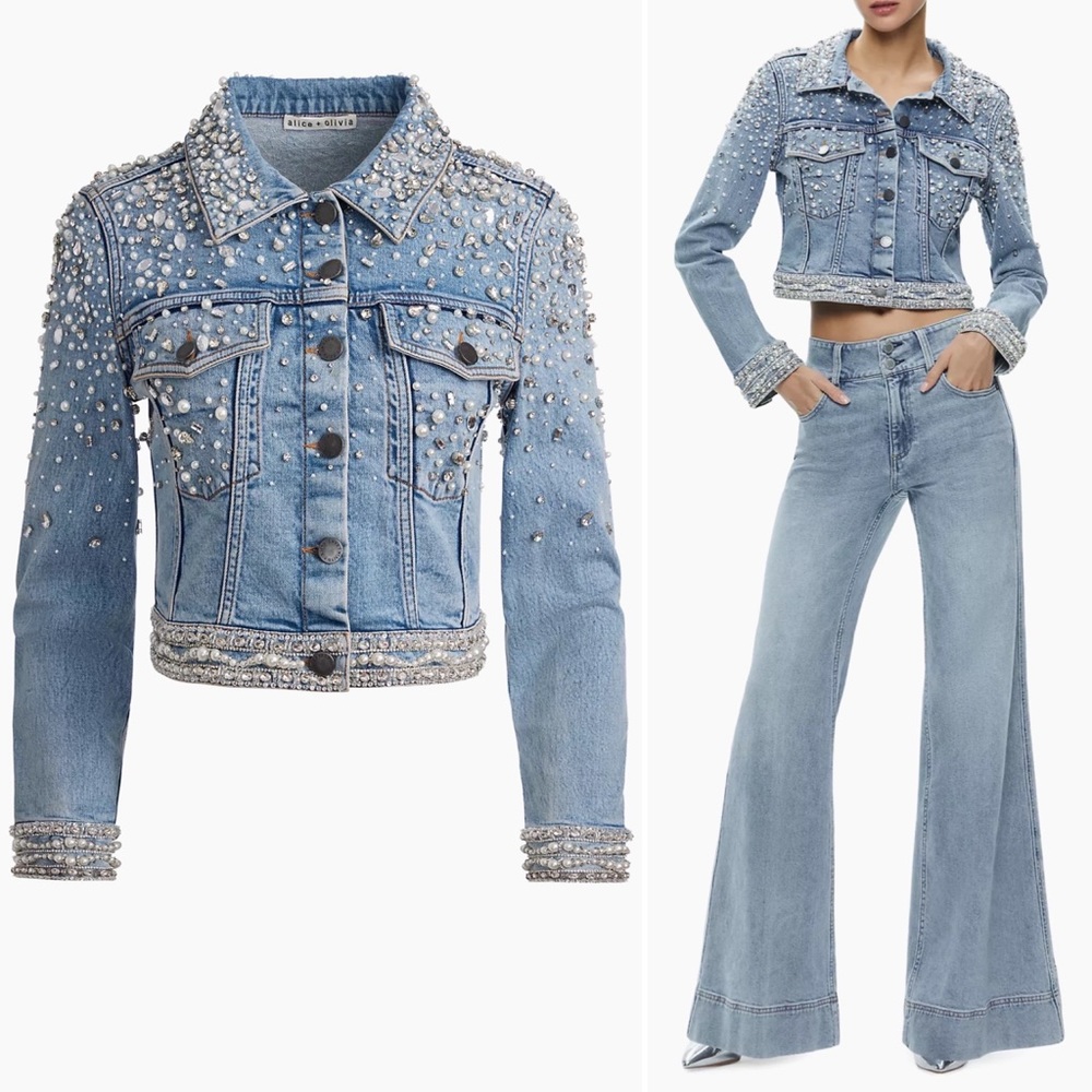 ALICE + OLIVIA Nelson Embellished Beaded Cropped Fitted Denim Jean Jacket S NWOT